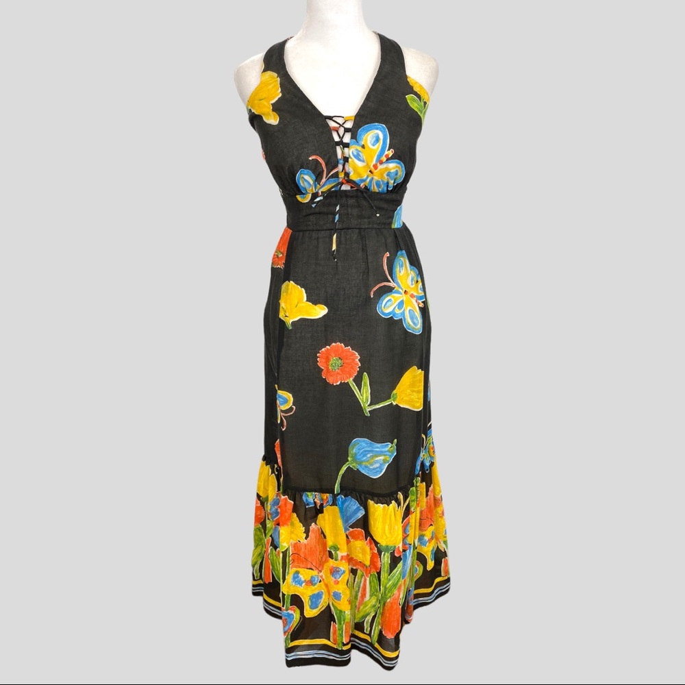 Vintage Black + Multicolor Floral Butterfly Halter Maxi Dress - Picture 8 of 8